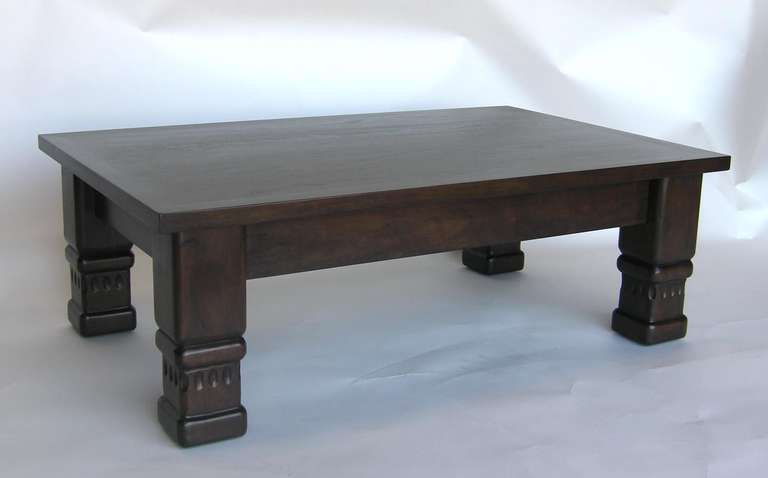 Custom walnut wood rustic coffee table with carved legs. Can be made in any size and finish. Made in Los Angeles by Dos Gallos Studio. CUSTOM PRICES ARE SUBJECT TO CHANGE DUE TO FLUCTUATING MATERIAL  AND LABOR PRICES. PLEASE INQUIRE BEFORE PLACING