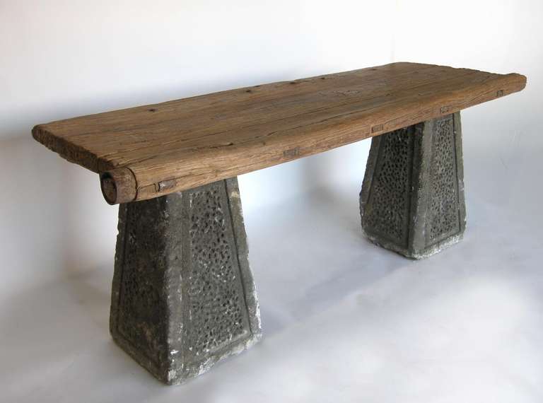 International Style Stone and Elmwood Console Table