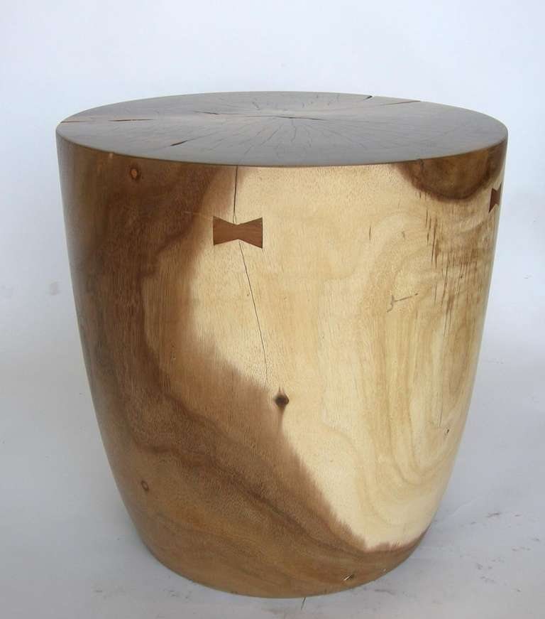 Kettle drum shaped side tables.  Beautiful tropical hardwood.  Butterfly inlay.  Beautiful satin finish showing the natural grain of the wood. Can be purchased separately for $1375 each.