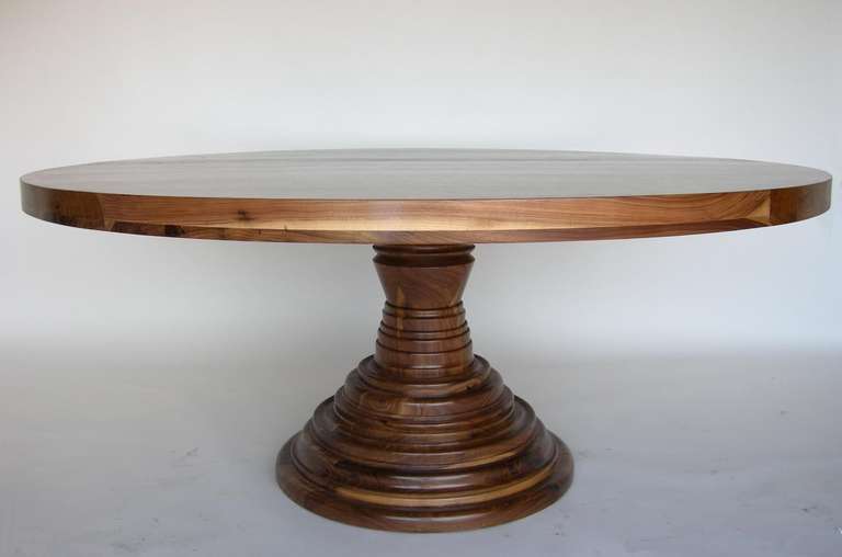 Stunning natural walnut pedestal table. Wood is absolutely gorgeous!
Can be made in any size and finish. As shown here in natural walnut. Made in Los Angeles by Dos Gallos Studio
CUSTOM PRICES ARE SUBJECT TO CHANGE DUE TO FLUCTUATING MATERIAL  AND