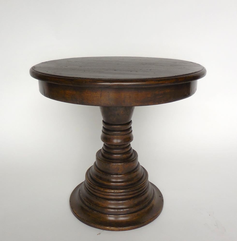 Custom beehive pedestal side table by Dos Gallos. Can be made in walnut, mahogany and Oak in most any dimension and a choice of finishes. As shown 26 D x 24.25 H in medium walnut with light to medium distress. 8 to 12 week lead time.  Made in Los