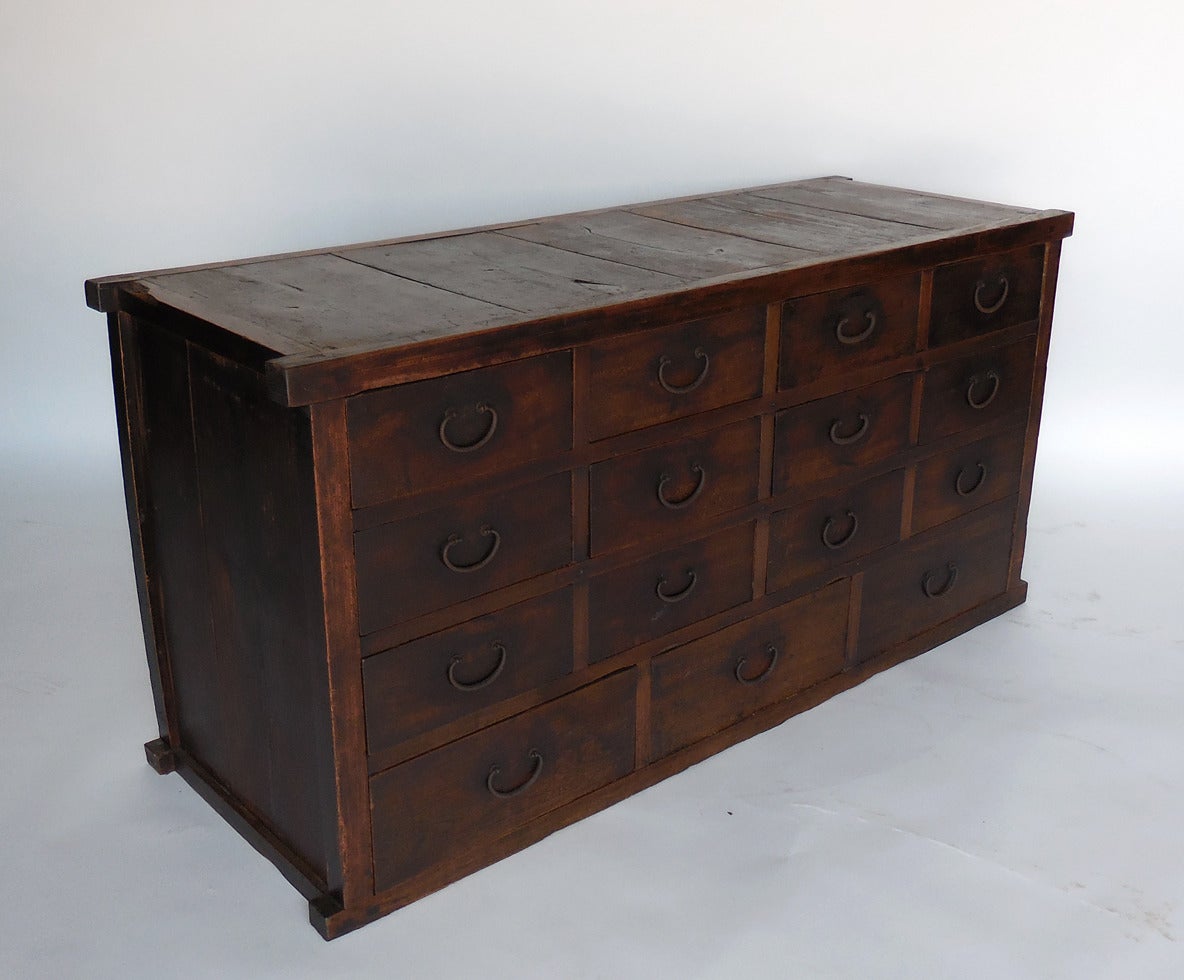 19th century Japanese shop chest. Original hand forged hardware. Hinoki wood. 15 Drawers for all your storage needs! Handsome lean lines. Sturdy and  functional 