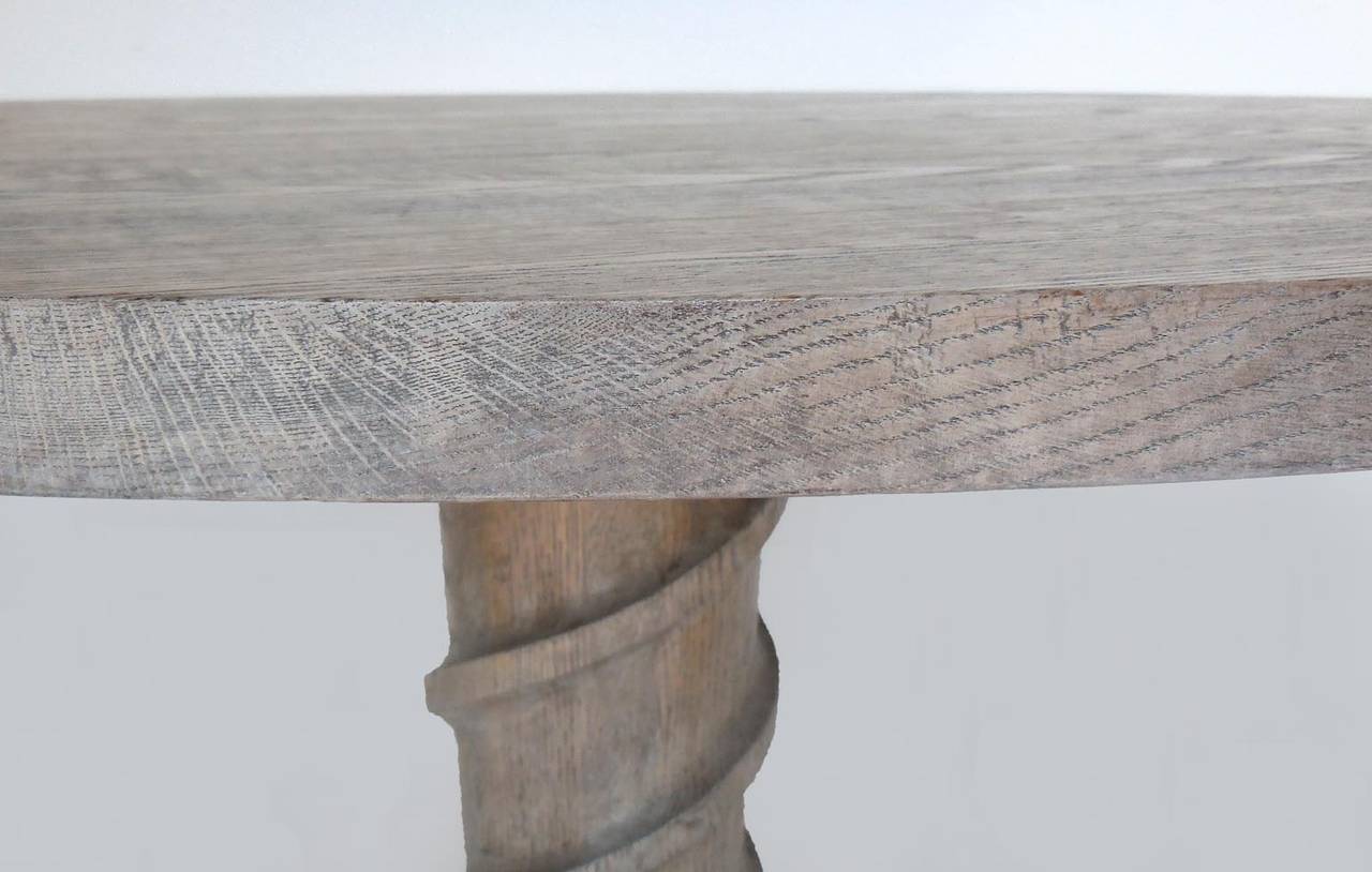 Custom oak corkscrew pedestal table in beautiful white ceruse finish. Can be made in custom sizes and finishes. Made in Los Angeles by Dos Gallos Studio.
CUSTOM PRICES ARE SUBJECT TO CHANGE. PLEASE INQUIRE BEFORE PLACING AN ORDER. CUSTOM ORDERS ARE