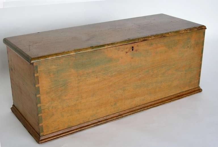 Early 19th c Pine blanket chest from Maine. Traces of old green paint. Dove tailed, interior compartment and drawer