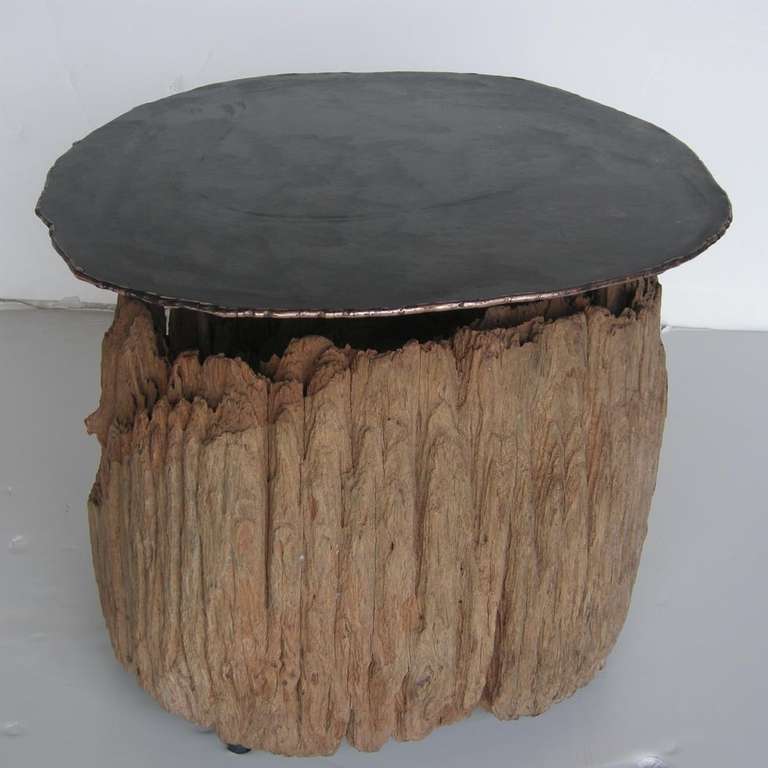 Rustic Bronze, Iron and Wood Side Table