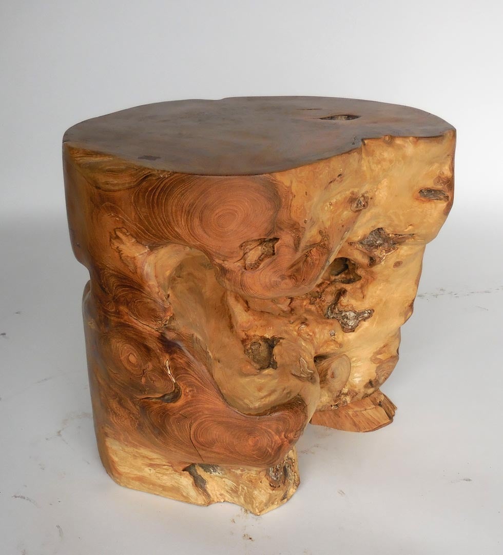 Wonderful organic teak root end table. Polished to a low sheen finish. Beautiful color. Sturdy and functional.
