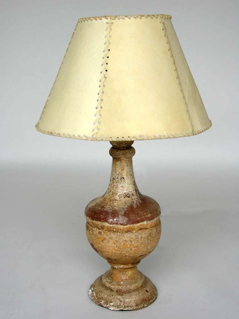 19th c. clay capone/finial lamp with silk cord and goat skin shade. Was originally a finial on a spanish Colonial home.