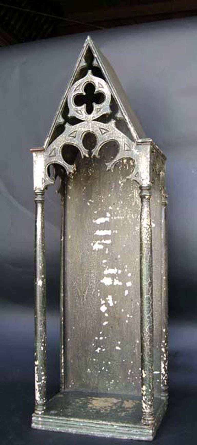 Large scale gothic style 19th c. escaparate,  saint display case with original grey/green paint. Great architectural elements. Would have housed a patron saint in a home or church.