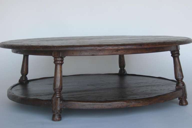 American Custom Round Walnut Wood Coffee Table with Shelf by Dos Gallos Studio For Sale
