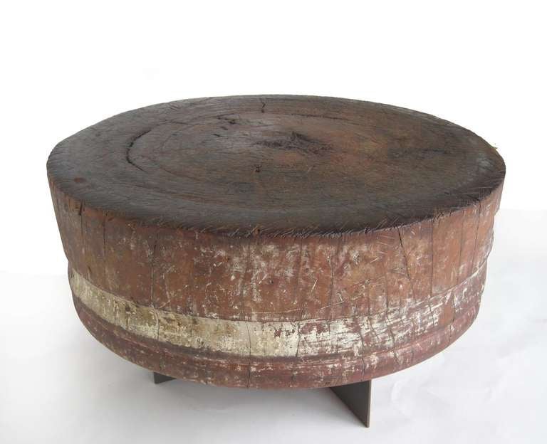 19th c. butcher block on contemporary iron base. Great old patina on wood!