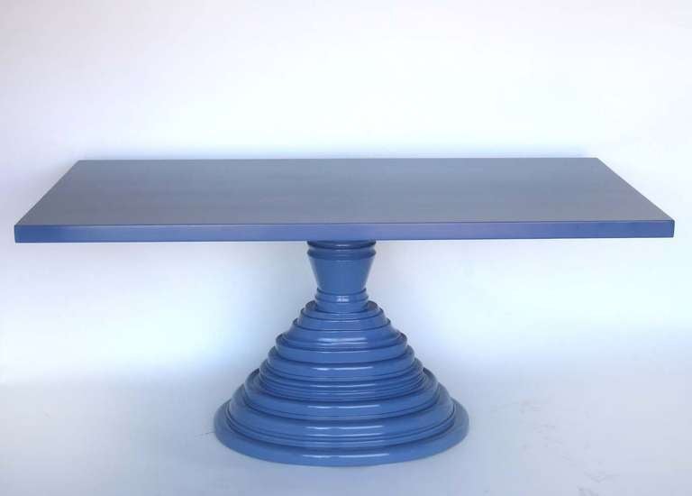 Custom pedestal table with oval base and rectangular top. Periwinkle lacquer finish. Pristine condition. Made in Los Angeles by Dos Gallos Studio.
CUSTOM PRICES ARE SUBJECT TO CHANGE DUE TO FLUCTUATING WOOD  AND LABOR PRICES. PLEASE INQUIRE BEFORE