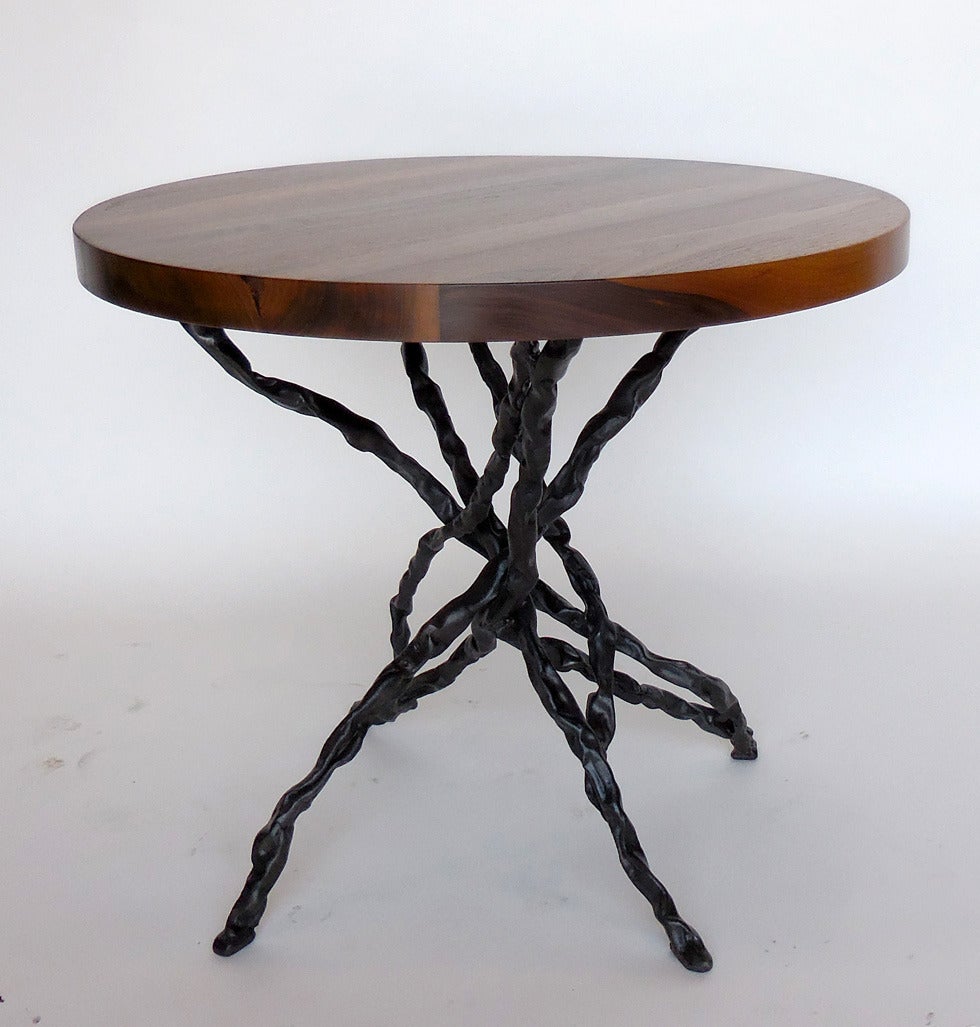 Hand-forged iron vine base with walnut top. Top has a clean crisp edge and natural finish. Can be custom-made. As shown, top measures 30