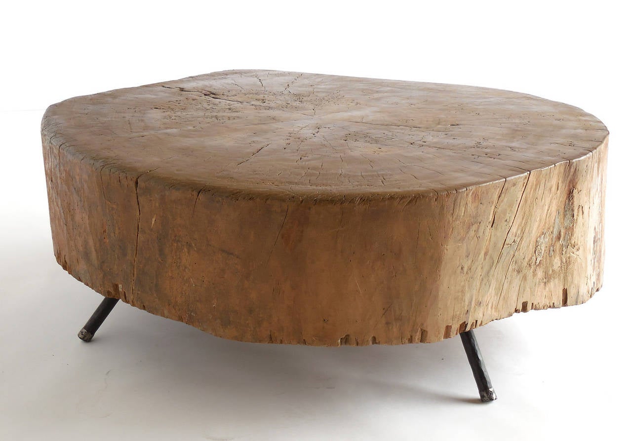 Primitive piece but contemporary in style. Coffee table consisting of a 10-12" thick tree slice butcher block atop contemporary hand-forged iron legs with pewter dipped feet. Beautiful patina and a nice organic shape.