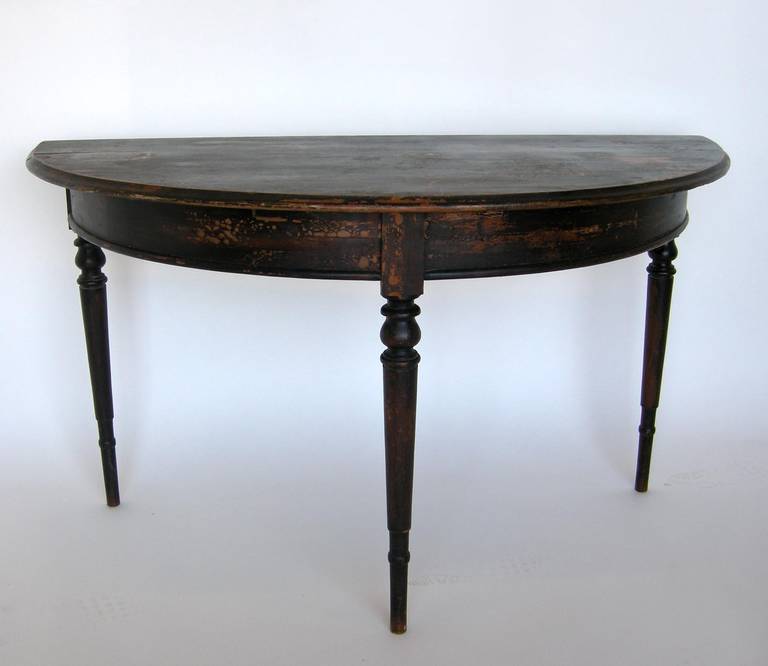 Antique Swedish painted demilune table. Great old worn painted patina, very gracious legs. Was at some point part of a round table that could be taken apart.