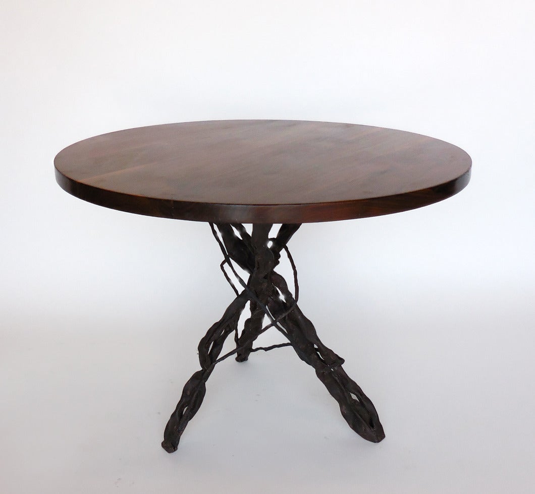 Custom hand-forged iron vine base with walnut top. Top has a clean crisp edge and natural finish. Can be made in any size. Made in Los Angeles by Dos Gallos Studio.