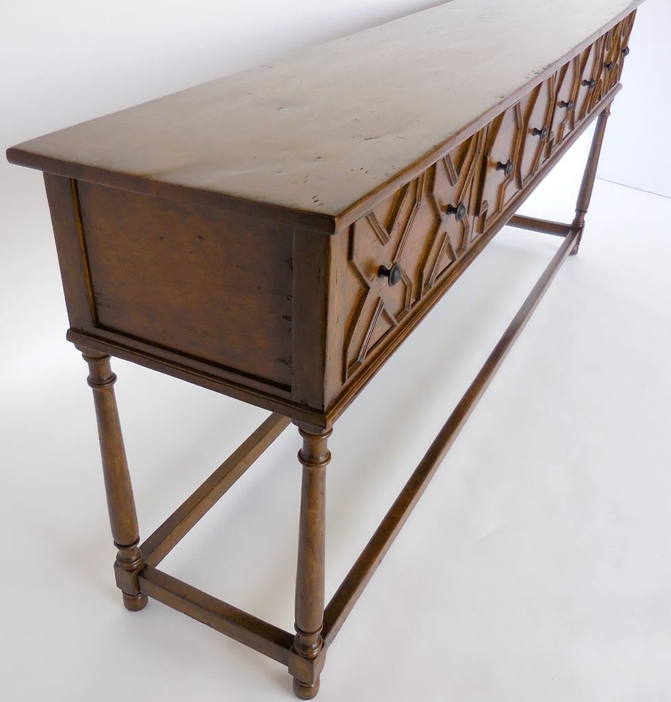 American Dos Gallos Custom Geometric Walnut Wood Sideboard with Drawers For Sale
