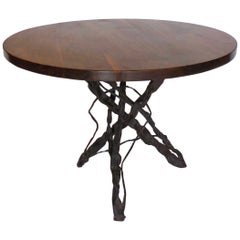 Dos Gallos Custom Walnut Wood Side Table with Custom Hand-Forged Vine Base