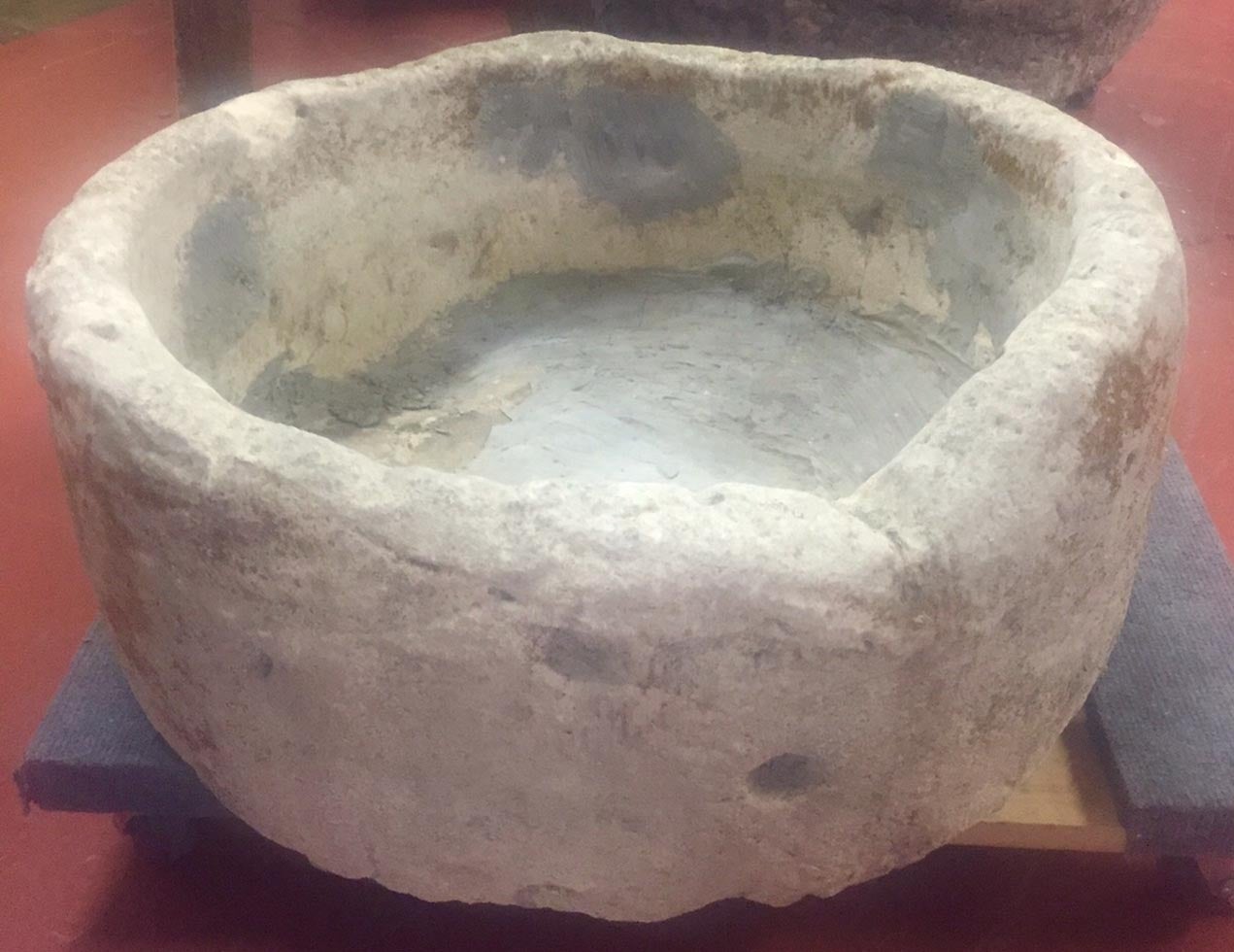 Round stone trough with some waterproof concrete patching on the inside. Great patinated surface on outside.