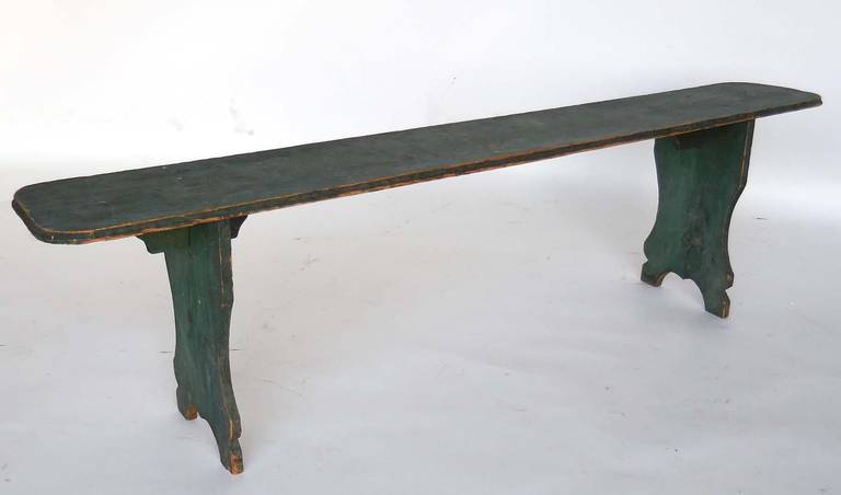 Painted pine rustic bench in green-blue. Original condition. Sturdy.