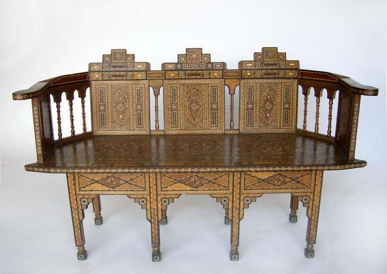 Petite Levantine/Syrian parquetry bench. Beautifully patterned with intricate inlay of shell, bone and fruitwood wood. From the middle East. A really fine example of parquetry, minute pieces in tiny patterns. A work of mosaic art. Lovely!