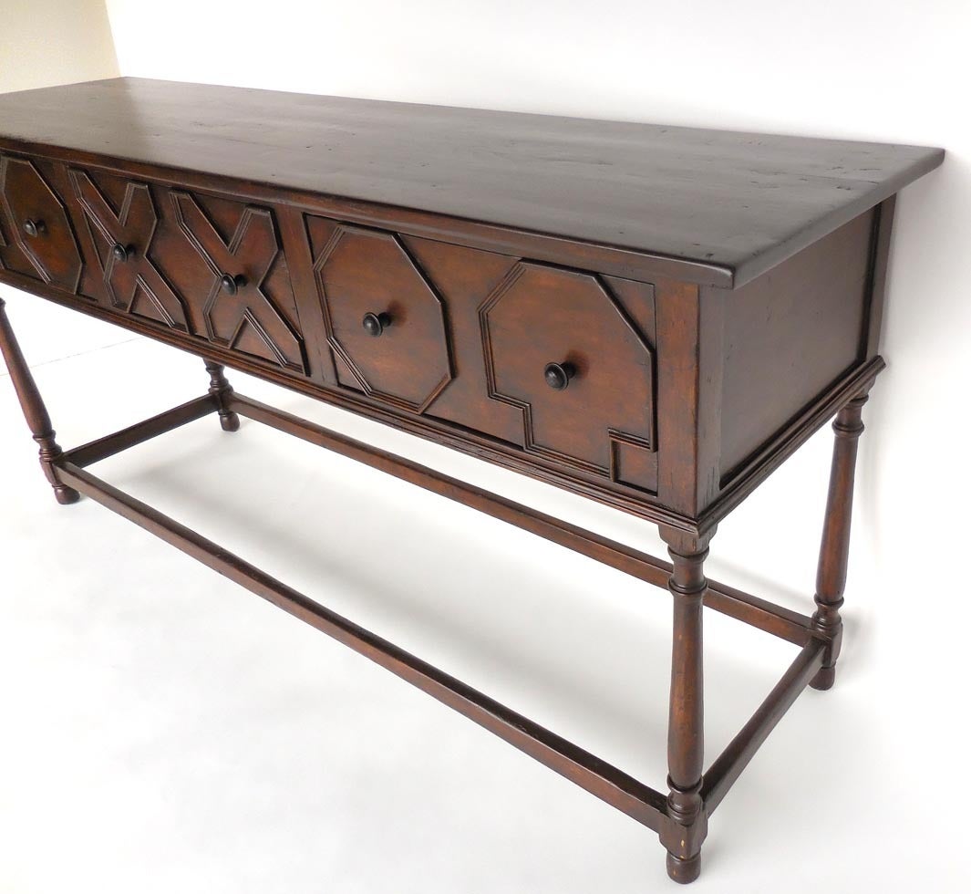DOS GALLOS Custom Walnut Wood Console with Drawers In Excellent Condition For Sale In Los Angeles, CA