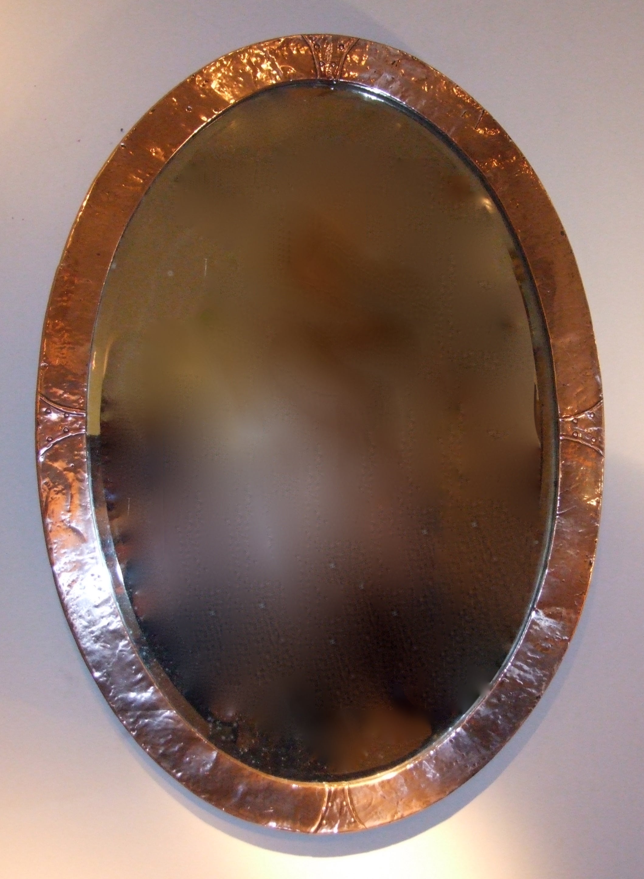 English Arts and Crafts Hammered Copper Oval Mirror