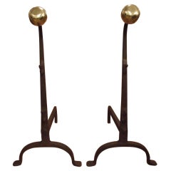 Pair of Tall and Elegant Wrought Iron and Brass Andirons