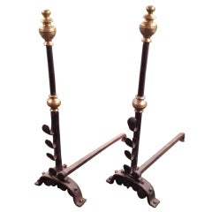 Pair of Elegant 17th c. Wrought Iron and Brass Andirons
