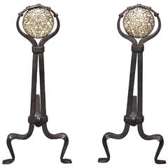 Antique Pair of Arts and Crafts Bronze and Iron Andirons