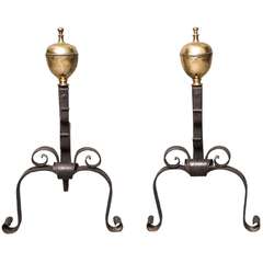 Pair of Bronze and Wrought Iron Acorn Urn Finial Andirons