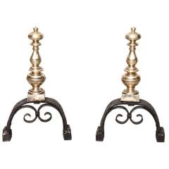 Pair of Baroque Brass and Wrought Iron Andirons