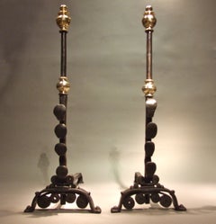 A Pair of Elegant 17th c. Wrought Iron and Brass Andirons
