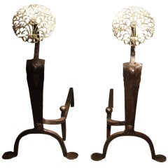 A Pair of Sunflower Wrought Iron and Brass Andirons