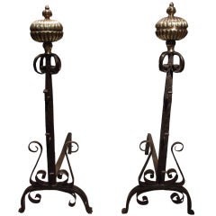 A Pair of Decorative Wrought Iron and Brass Onion Top Andirons