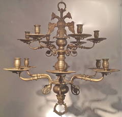 Antique Norwegian Brass Twelve Light Chandelier by Lars Knutrud