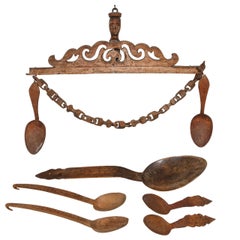 Antique Norwegian Folk Art Spoon Rack and Spoon Collection
