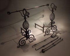 Impressive Scale Pair of Wrought Iron Scroll and Twistwork Andirons