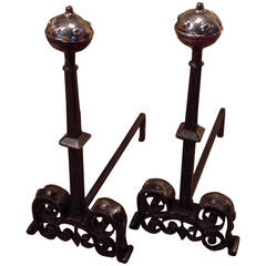 Bold Pair of Arts and Crafts Mixed Metal Andirons