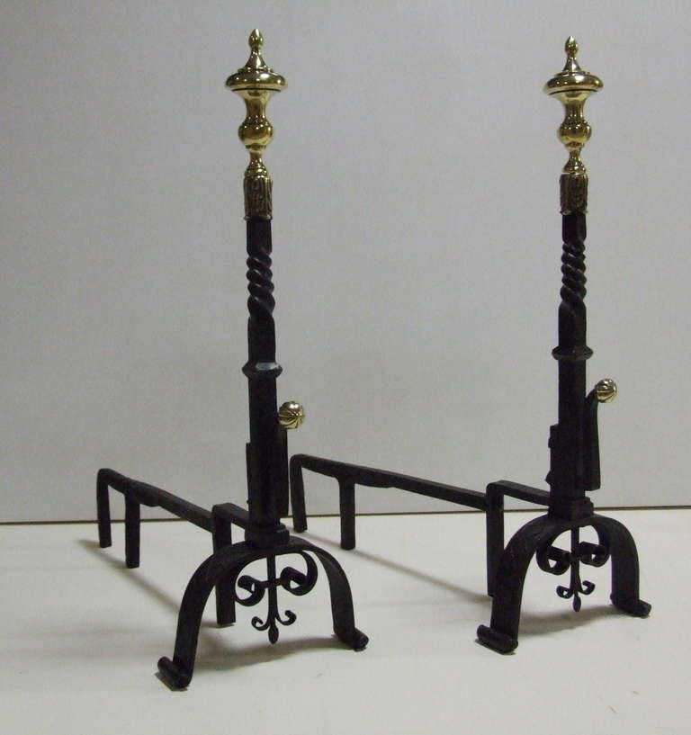 Impressive Pair of 18th Century Brass and Iron Andirons In Excellent Condition For Sale In Greenwich, CT