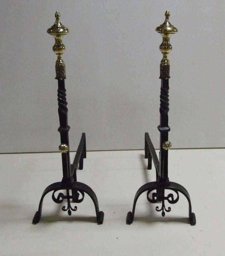 18th Century and Earlier Impressive Pair of 18th Century Brass and Iron Andirons For Sale