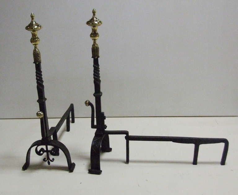 Impressive Pair of 18th Century Brass and Iron Andirons For Sale 1