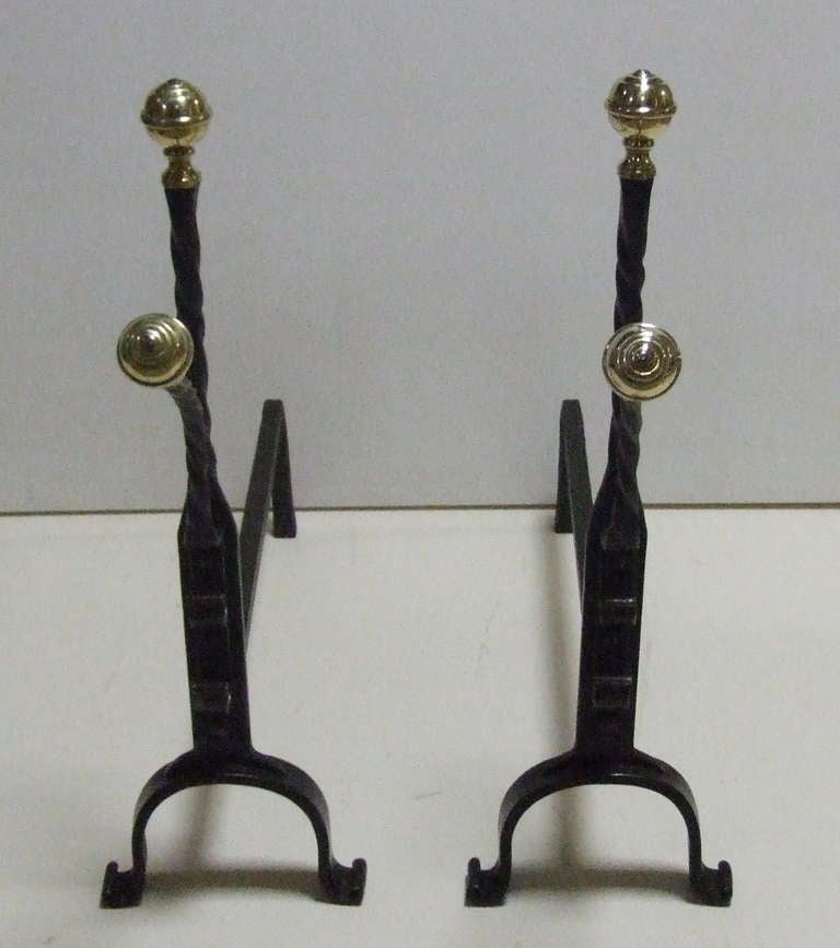 Charming Pair of Brass and Wrought Iron Andirons