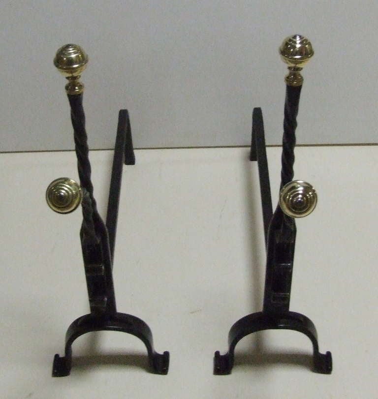British Charming Pair of Brass and Wrought Iron Andirons