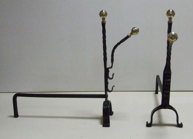 Charming Pair of Brass and Wrought Iron Andirons In Good Condition In Greenwich, CT