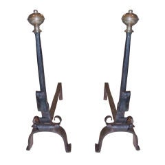 A Pair of Elegant Early Wrought Iron and Bronze Andirons