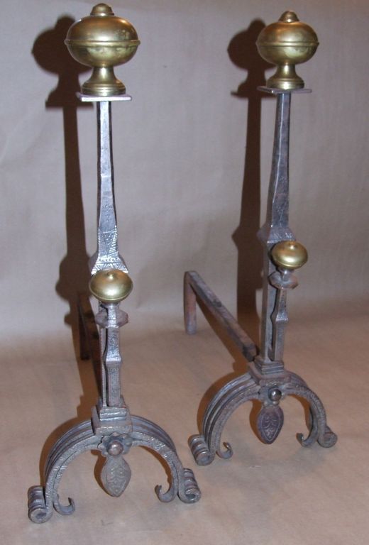 Pair of Baroque Style Wrought Iron and Bronze Andirons
