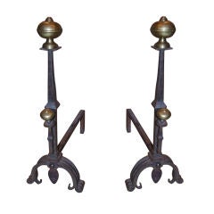 Pair of Baroque Style Wrought Iron and Bronze Andirons