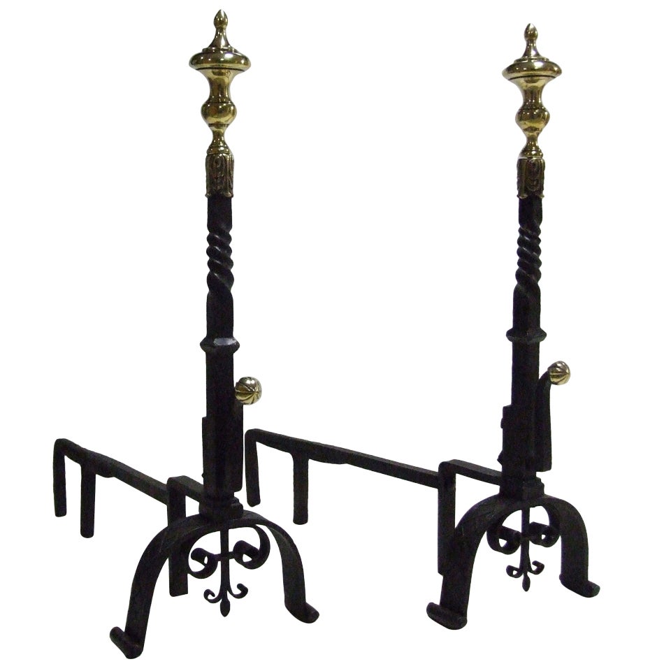 Impressive Pair of 18th Century Brass and Iron Andirons For Sale