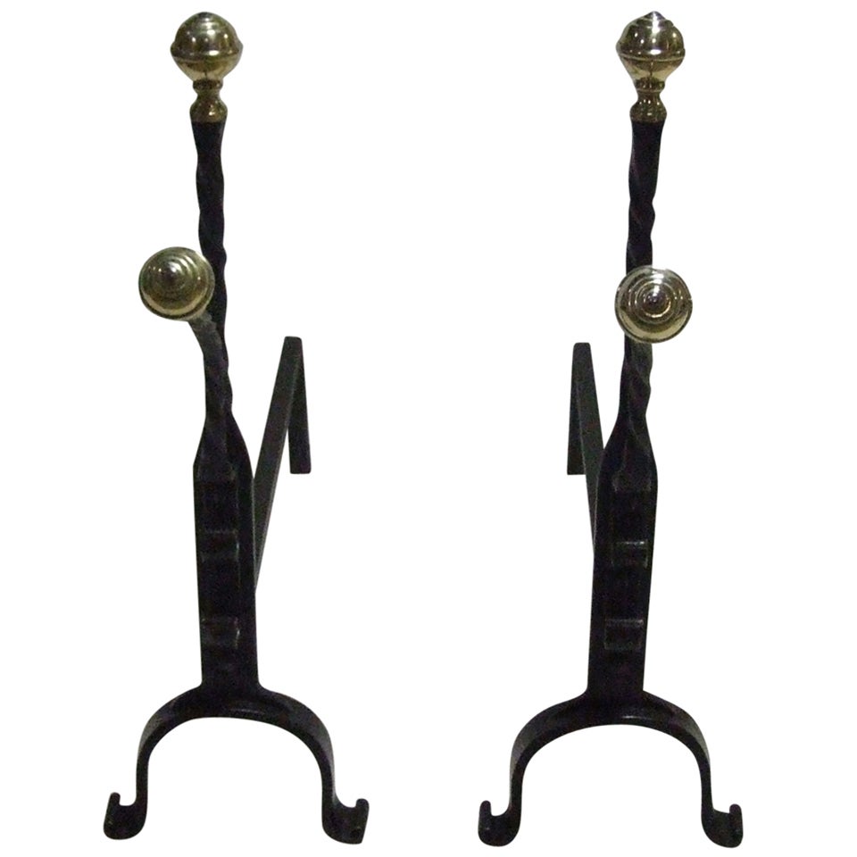 Charming Pair of Brass and Wrought Iron Andirons