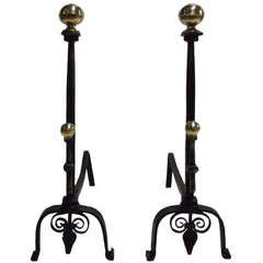 Antique Attractive Pair of Baroque Bronze and Iron Andirons